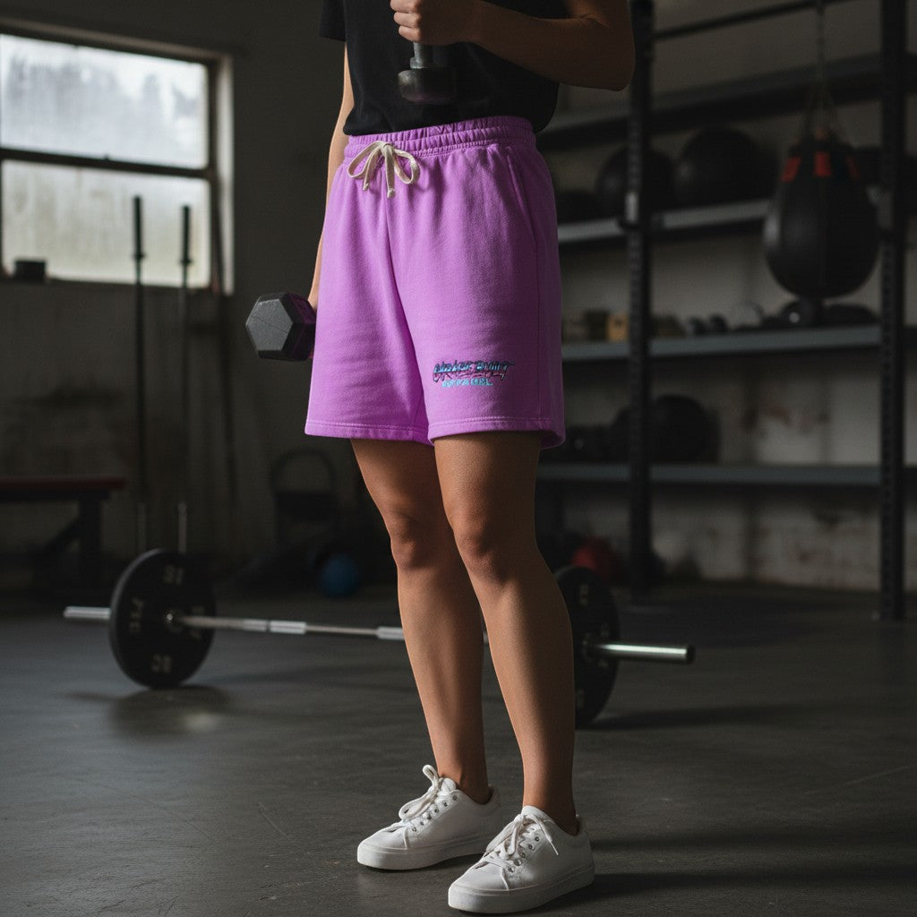 Garage Built Apparel light purple 80s style sweat shorts with synthwave logo, drawstring waist, relaxed fit, 100% cotton.