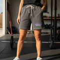 Garage Built Apparel charcoal grey 80s style sweat shorts with synthwave logo, drawstring waist, and pockets.