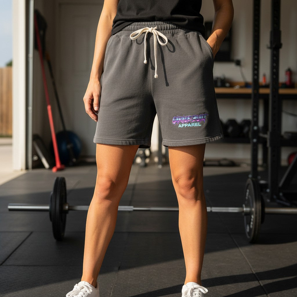Garage Built Apparel charcoal grey 80s style sweat shorts with synthwave logo, drawstring waist, and pockets.
