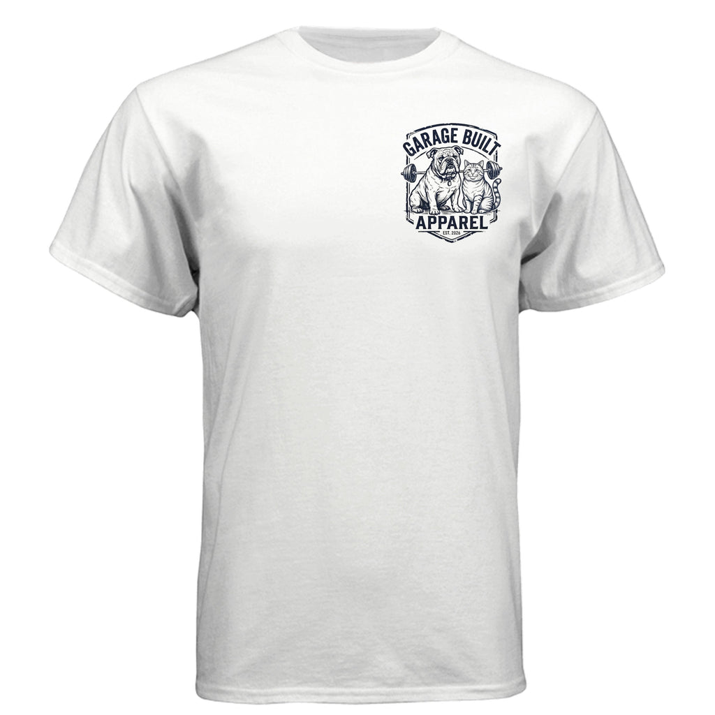 Garage Built Apparel white CVC crew neck t-shirt with bulldog and cat illustration on gym mat.