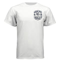 Garage Built Apparel white CVC crew neck t-shirt with bulldog and cat illustration on gym mat.