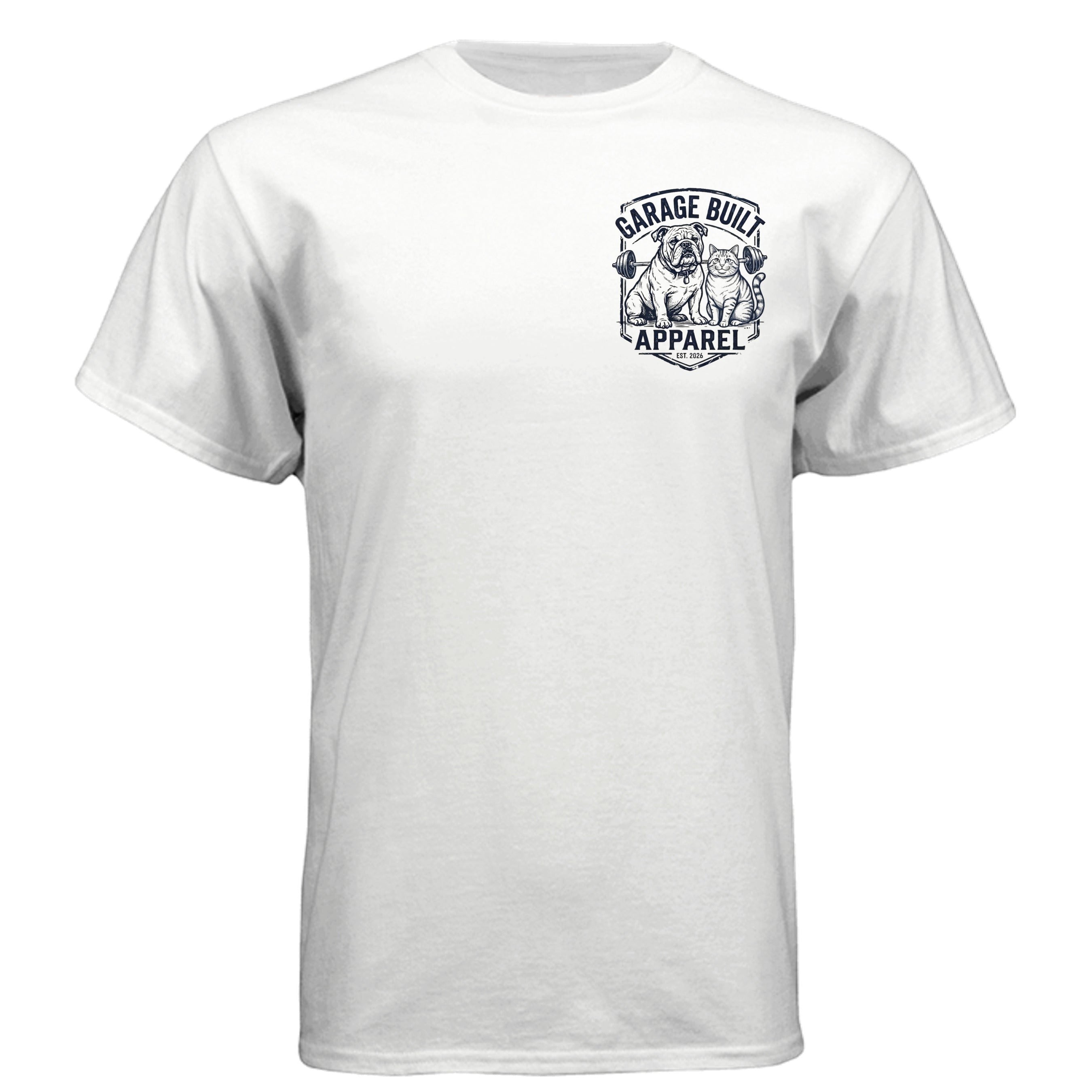 Garage Built Apparel white CVC crew neck t-shirt with bulldog and cat illustration on gym mat.