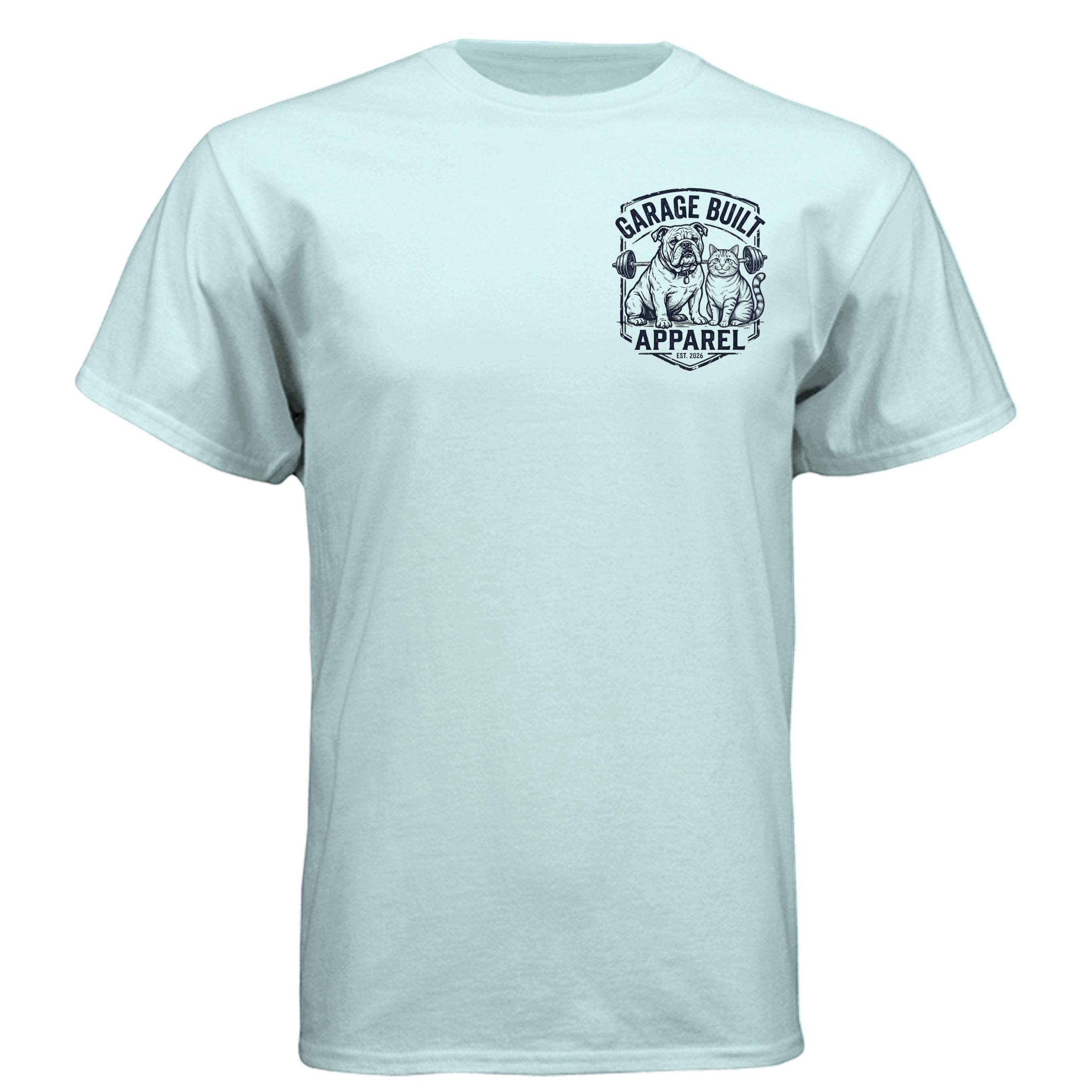 Garage Built Apparel light blue CVC blend crew neck t-shirt with bulldog and cat gym graphic.