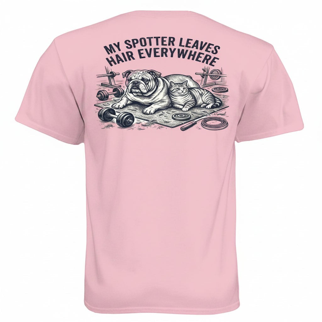 Garage Built Apparel pink CVC crew neck t-shirt with bulldog and cat illustration on gym mat with weights. Text reads "MY SPOTTER LEAVES HAIR EVERYWHERE."