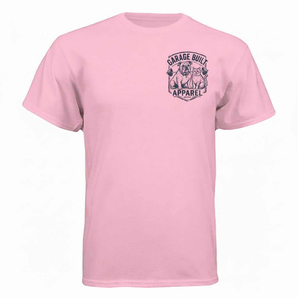 Garage Built Apparel pink CVC crew neck t-shirt with bulldog and cat illustration on chest.