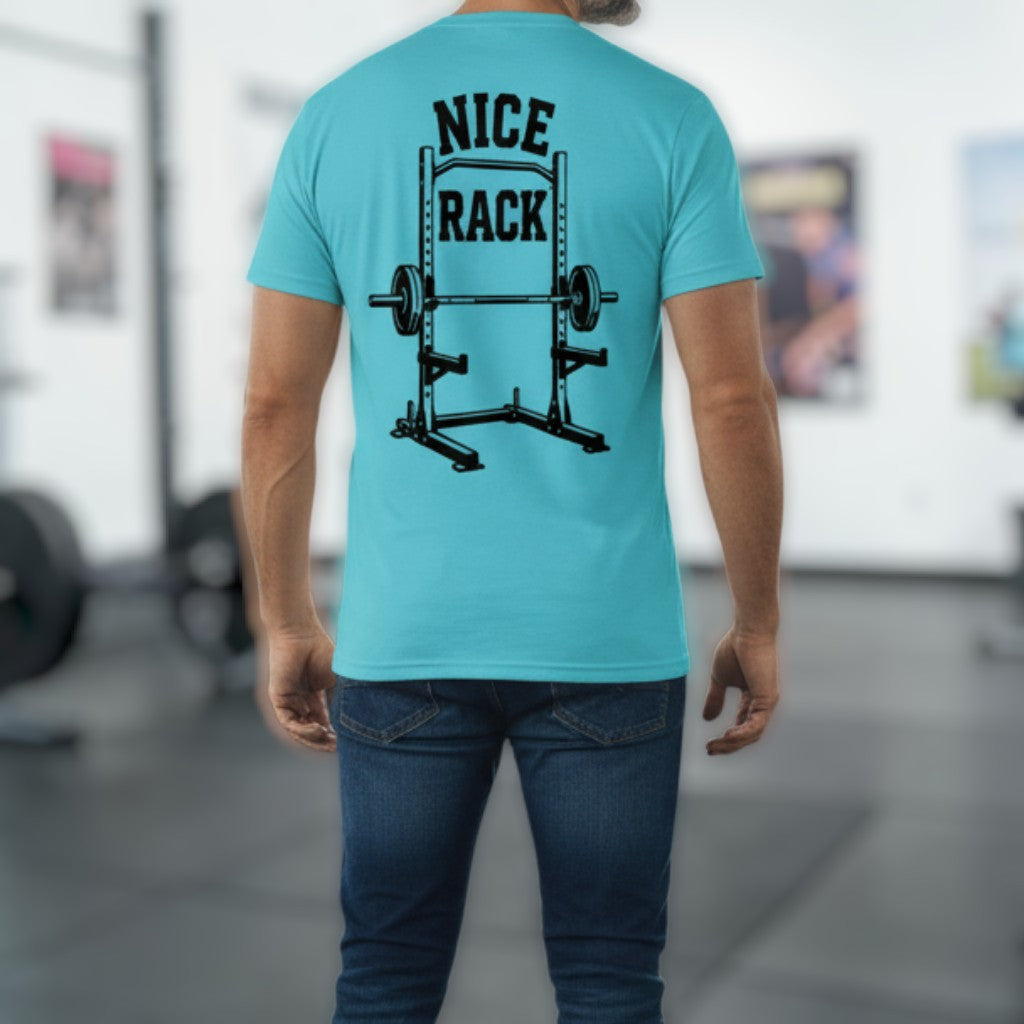 Garage Built Apparel turquoise CVC blend t-shirt with a black graphic of a squat rack and barbell, text reads "Nice Rack".