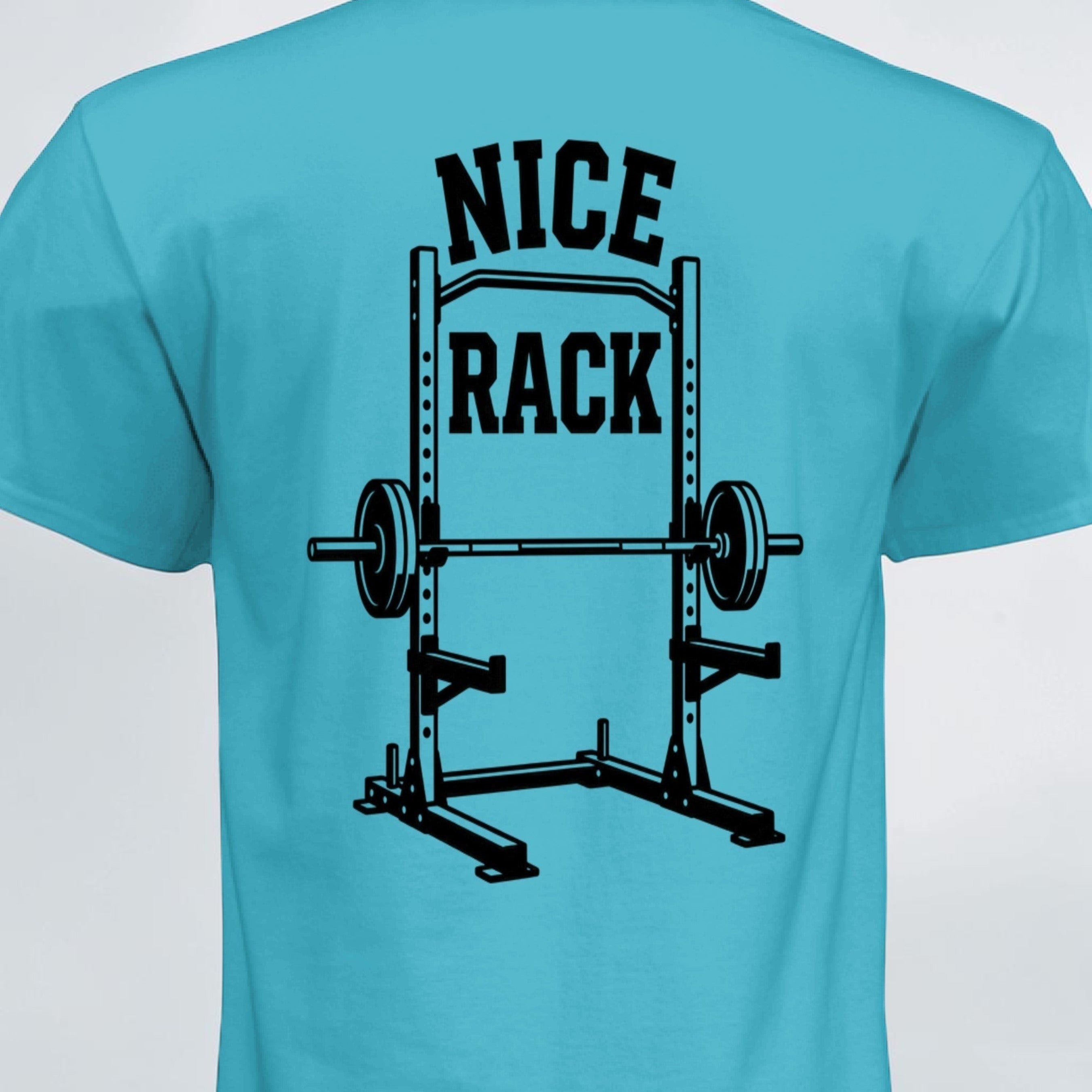 Garage Built Apparel turquoise CVC blend t-shirt with black graphic of a squat rack and weights, text reads "NICE RACK".