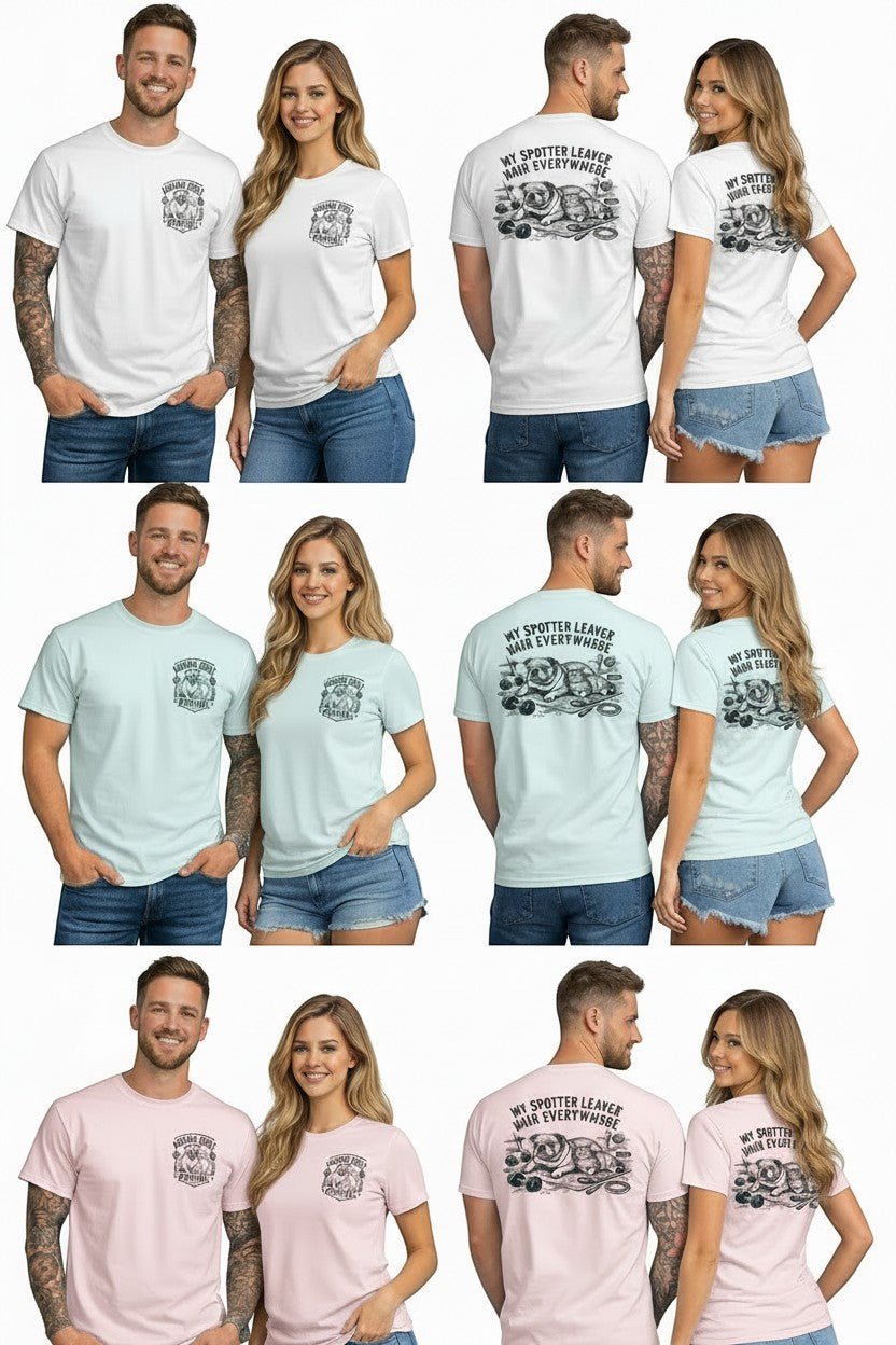 Garage Built Apparel men's and women's crew neck t-shirts in white, light blue, and pink featuring a graphic of a bulldog and cat on gym equipment.