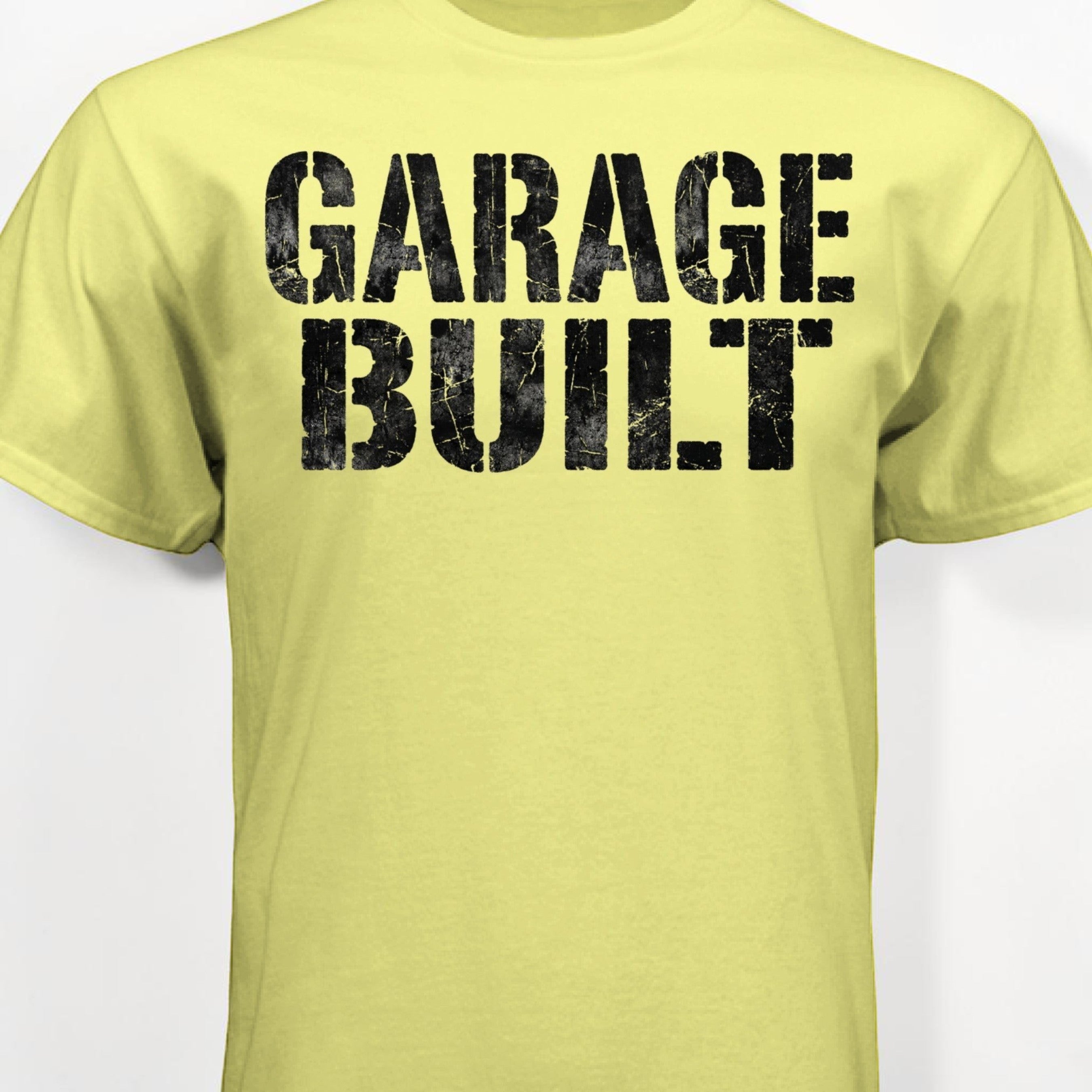 Garage Built Apparel yellow CVC blend t-shirt with distressed black text reading "GARAGE BUILT"